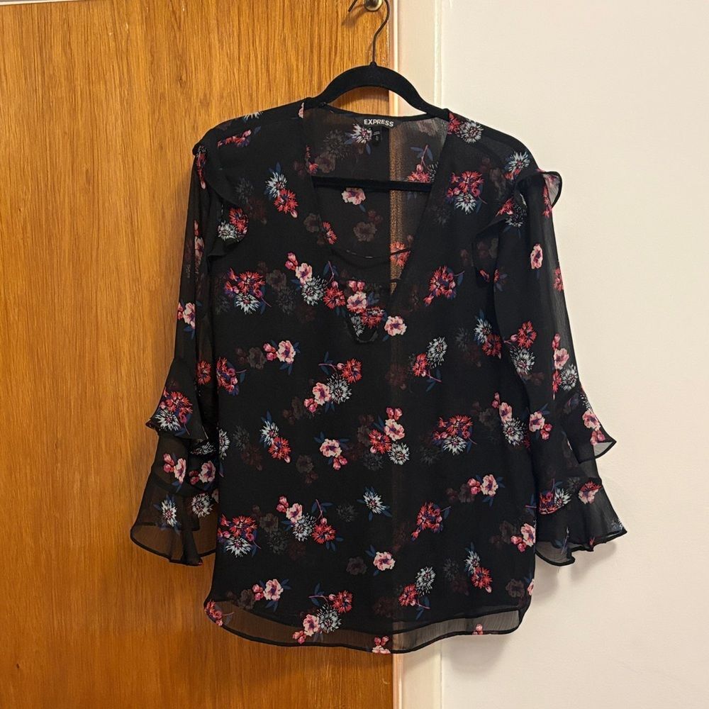 Express Black Sheer Blouse with Floral Pattern
